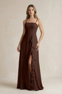Spaghetti Strap Ruffled A - Line Chiffon Bridesmaid Dress in Espresso - SHE IS ME Bridesmaid Dresses