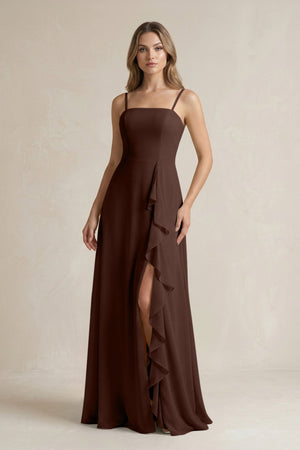 Spaghetti Strap Ruffled A - Line Chiffon Bridesmaid Dress in Espresso - SHE IS ME Bridesmaid Dresses