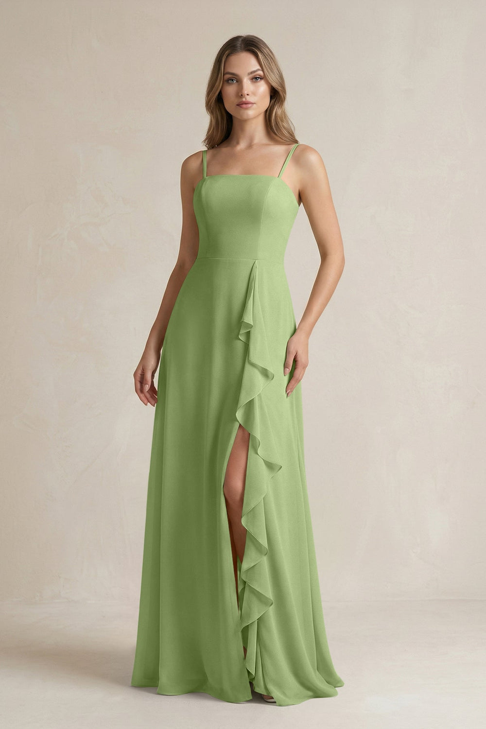 Spaghetti Strap Ruffled A - Line Chiffon Bridesmaid Dress in Matcha - SHE IS ME Bridesmaid Dresses