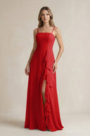Spaghetti Strap Ruffled A - Line Chiffon Bridesmaid Dress in Ruby Red - SHE IS ME Bridesmaid Dresses