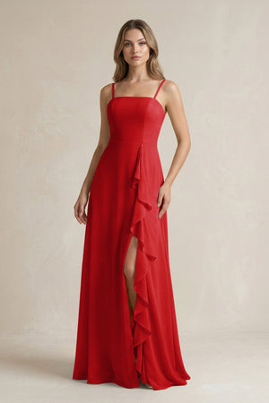 Spaghetti Strap Ruffled A - Line Chiffon Bridesmaid Dress in Ruby Red - SHE IS ME Bridesmaid Dresses