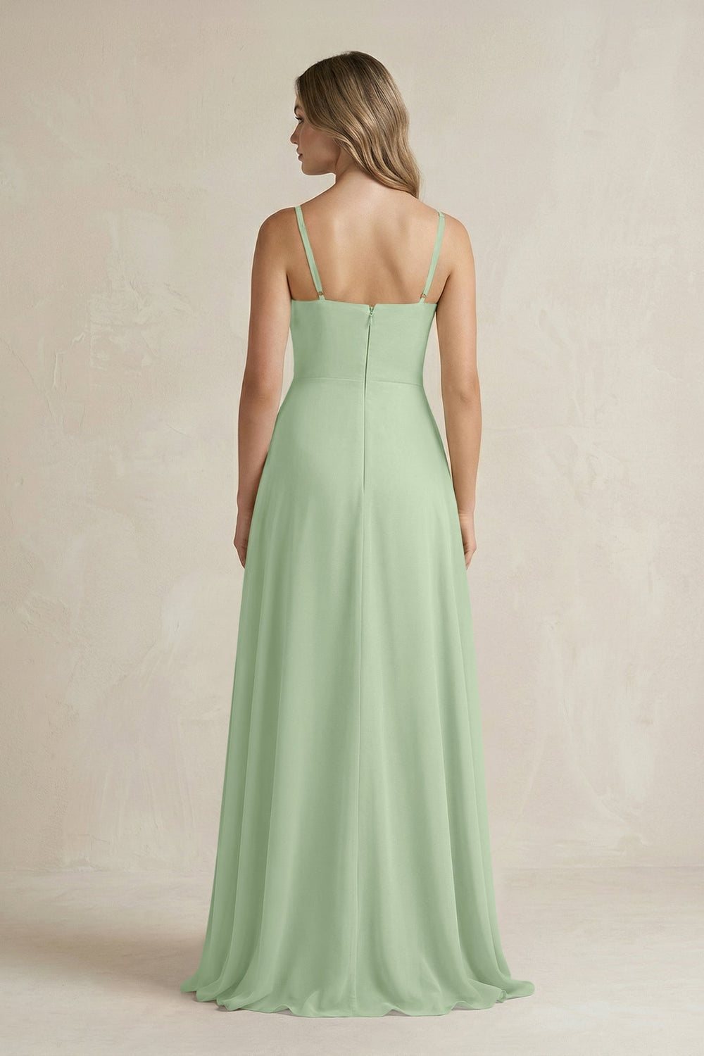 Spaghetti Strap Ruffled A - Line Chiffon Bridesmaid Dress in Sage - SHE IS ME Bridesmaid Dresses