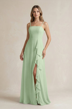 Spaghetti Strap Ruffled A - Line Chiffon Bridesmaid Dress in Sage - SHE IS ME Bridesmaid Dresses