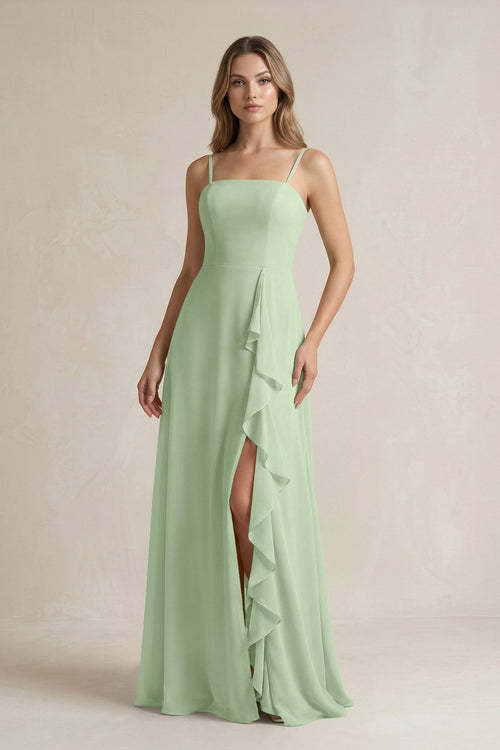 Spaghetti Strap Ruffled A - Line Chiffon Bridesmaid Dress in Sage - SHE IS ME Bridesmaid Dresses