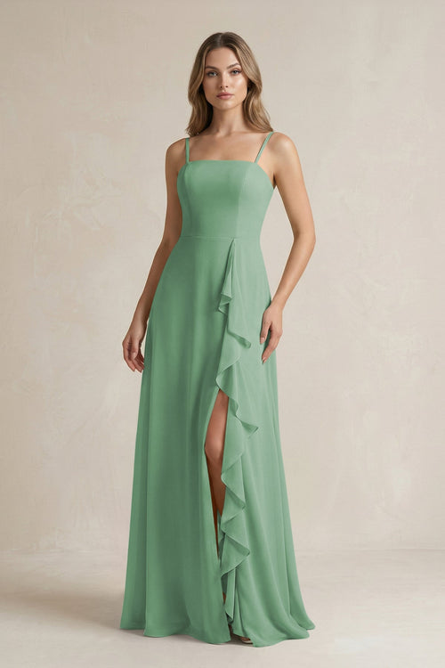 Spaghetti Strap Ruffled A - Line Chiffon Bridesmaid Dress in Sea Glass - SHE IS ME Bridesmaid Dresses