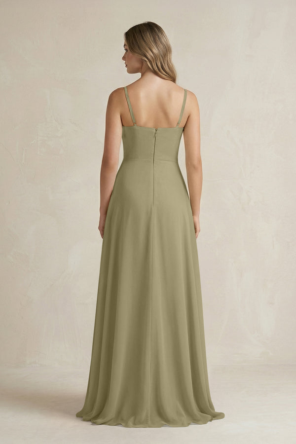 Spaghetti Strap Ruffled A - Line Chiffon Bridesmaid Dress in Thyme - SHE IS ME Bridesmaid Dresses
