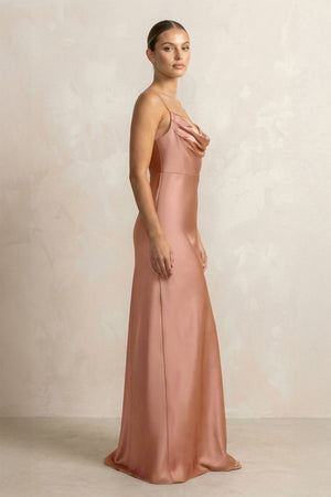 Spaghetti Strap Satin Sheath Bridesmaid Dress in Rosette - SHE IS ME Bridesmaid Dresses