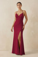 Spaghetti Strap Sheath Chiffon Bridesmaid Dress With Slit in Berry - SHE IS ME Bridesmaid Dresses