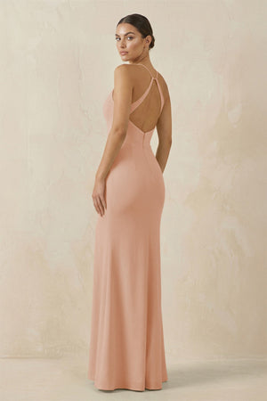 Spaghetti Strap Sheath Chiffon Bridesmaid Dress With Slit in Champagne Rose - SHE IS ME Bridesmaid Dresses