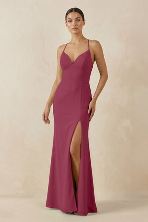 Spaghetti Strap Sheath Chiffon Bridesmaid Dress With Slit in Desert Rose - SHE IS ME Bridesmaid Dresses