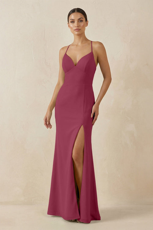 Spaghetti Strap Sheath Chiffon Bridesmaid Dress With Slit in Desert Rose - SHE IS ME Bridesmaid Dresses