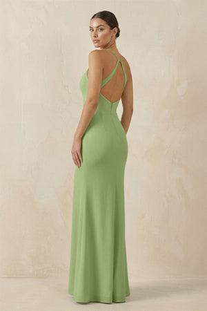 Spaghetti Strap Sheath Chiffon Bridesmaid Dress With Slit in Matcha - SHE IS ME Bridesmaid Dresses