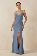 Spaghetti Strap Sheath Chiffon Bridesmaid Dress With Slit in Neptune - SHE IS ME Bridesmaid Dresses