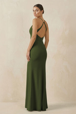 Spaghetti Strap Sheath Chiffon Bridesmaid Dress With Slit in Olive - SHE IS ME Bridesmaid Dresses