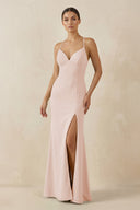 Spaghetti Strap Sheath Chiffon Bridesmaid Dress With Slit in Pale Blush - SHE IS ME Bridesmaid Dresses