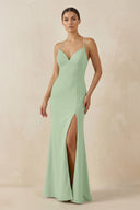 Spaghetti Strap Sheath Chiffon Bridesmaid Dress With Slit in Sage - SHE IS ME Bridesmaid Dresses