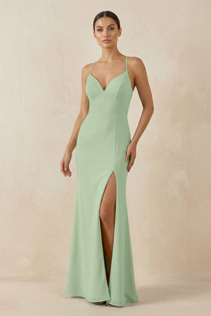 Spaghetti Strap Sheath Chiffon Bridesmaid Dress With Slit in Sage - SHE IS ME Bridesmaid Dresses