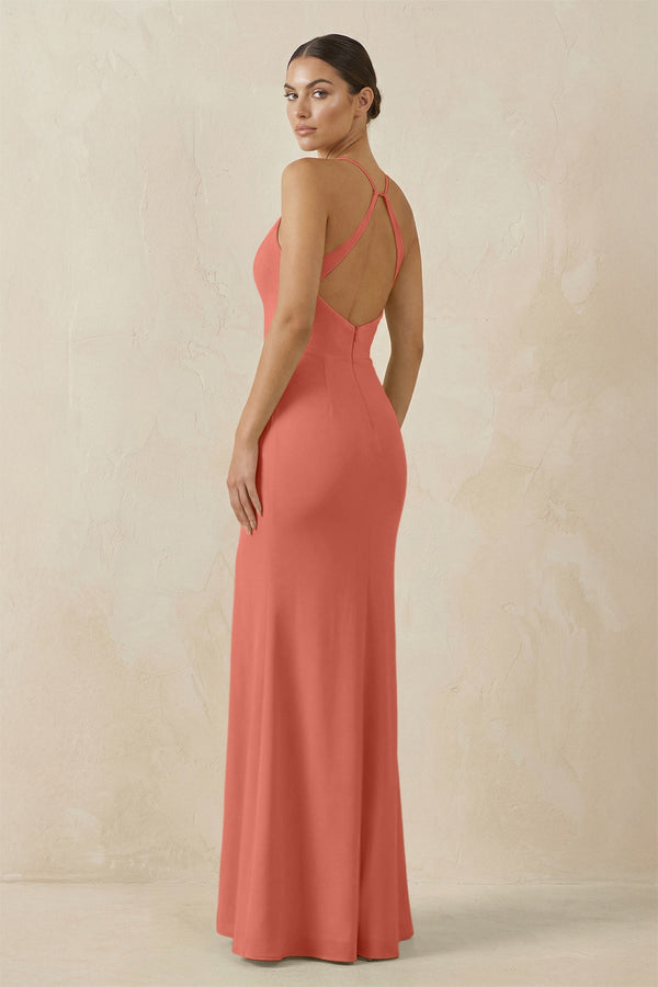Spaghetti Strap Sheath Chiffon Bridesmaid Dress With Slit in Wild Rose - SHE IS ME Bridesmaid Dresses