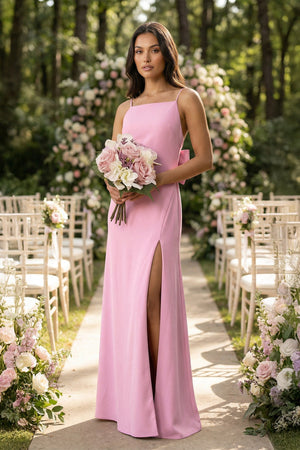 Spaghetti Strap Sheath Satin Bridesmaid Dress with Bow in Pink - SHE IS ME Bridesmaid Dresses