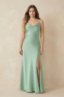 Spaghetti Strap Sheath Satin Bridesmaid Dress With Slit in Sage - SHE IS ME Bridesmaid Dresses