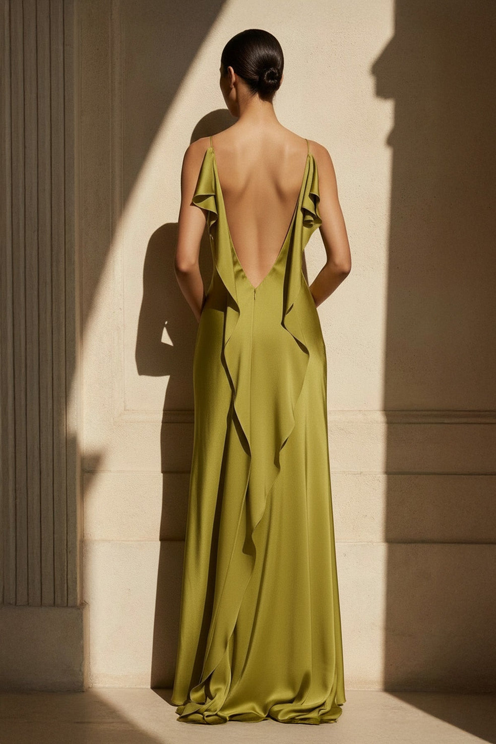 Spaghetti Straps Backless Maxi Dress With Slit in Olive - SHE IS ME