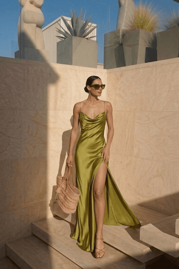 Spaghetti Straps Backless Maxi Dress With Slit in Olive - SHE IS ME PROM DRESSES
