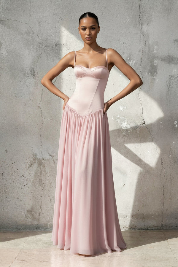 Spaghetti Straps Corset Pleated Maxi Dress in Pink - SHE IS ME