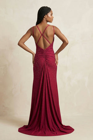 Spaghetti Straps Mermaid Beaded Maxi Dress With Slit in Burgundy