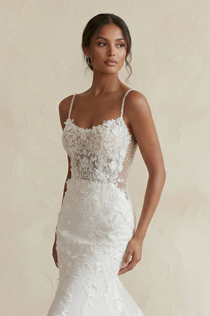Spaghetti Straps Mermaid Lace Wedding Dress in White - SHE IS ME Wedding Dresses