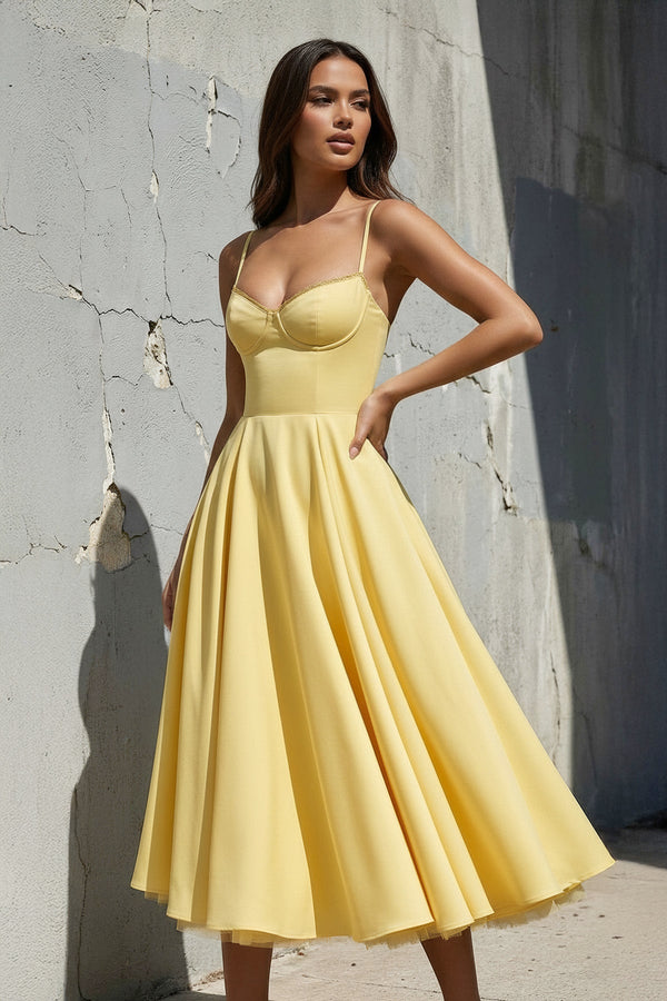 Spaghetti Straps Midi Dress With Lace - Trim in Yellow - SHE IS ME