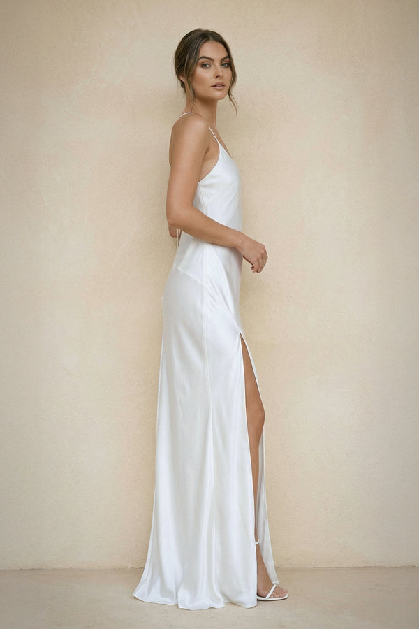 Spaghetti Straps Sheath Satin Wedding Dress With Slit in White - SHE IS ME Wedding Dresses