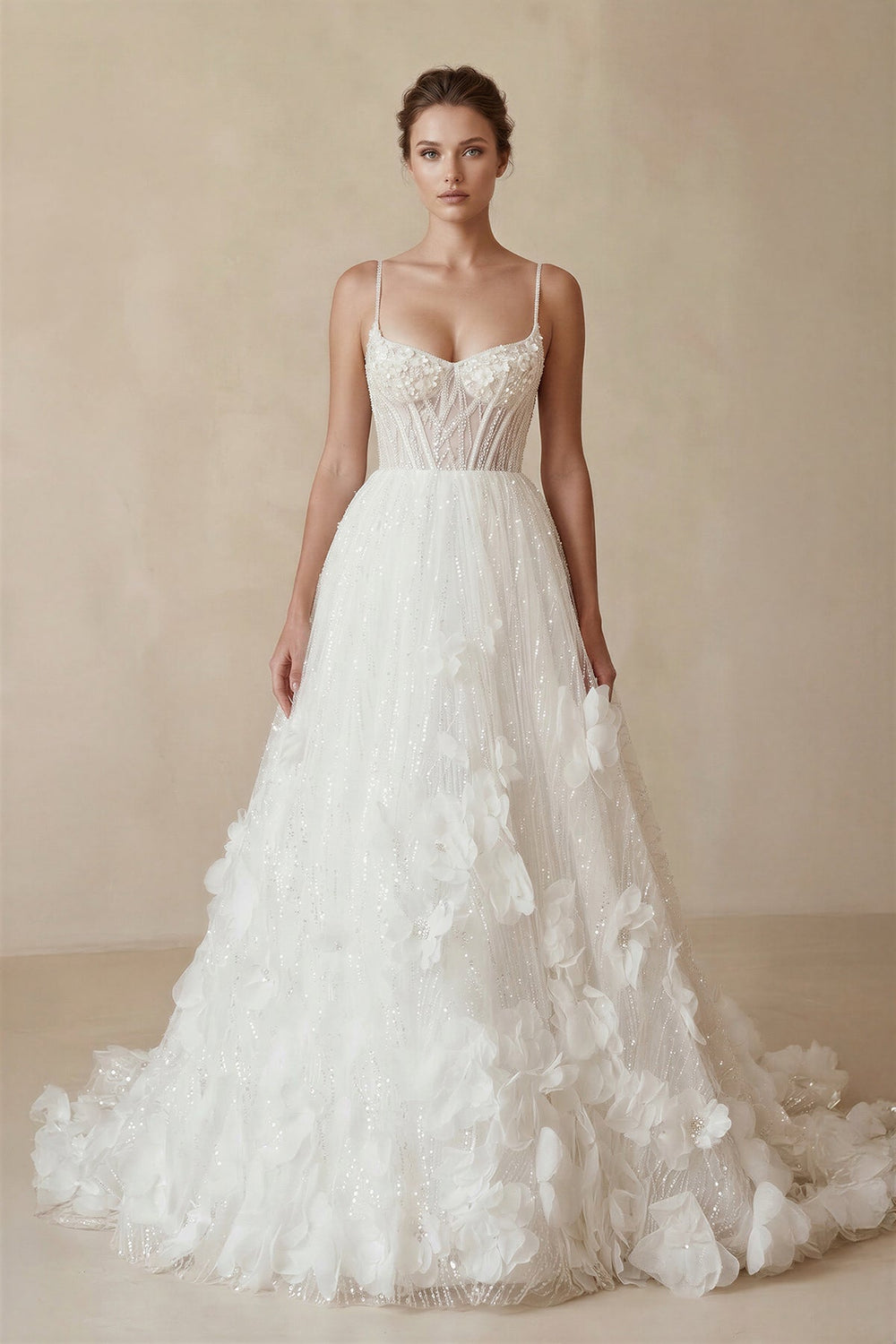 Sparkly 3D Flower Sequins Corset Wedding Dress in White - SHE IS ME Wedding Dresses