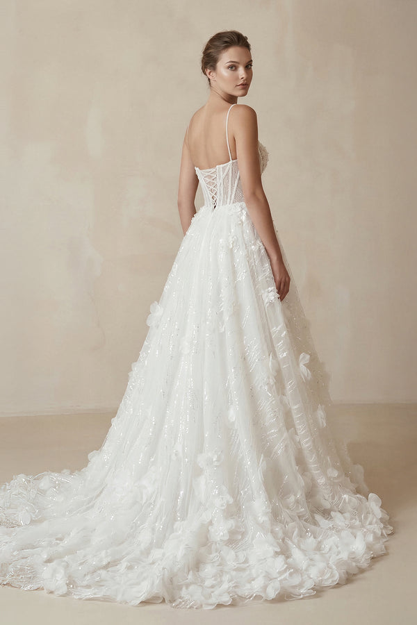 Sparkly 3D Flower Sequins Corset Wedding Dress in White - SHE IS ME Wedding Dresses
