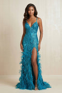 Sparkly Appliqued Mermaid Long Prom Dress With Feather in Peacock - SHE IS ME Prom Dresses