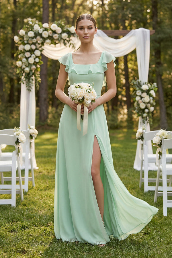 Square Neck A - Line Bridesmaid Dress with Ruffles - SHE IS ME Bridesmaid Dresses