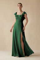 Square Neck A - Line Bridesmaid Dress with Ruffles in Dark Green - SHE IS ME Bridesmaid Dresses