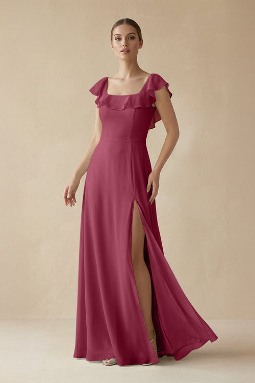 Square Neck A - Line Bridesmaid Dress with Ruffles in Desert Rose - SHE IS ME Bridesmaid Dresses