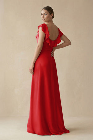 Square Neck A - Line Bridesmaid Dress with Ruffles in Ruby Red - SHE IS ME Bridesmaid Dresses