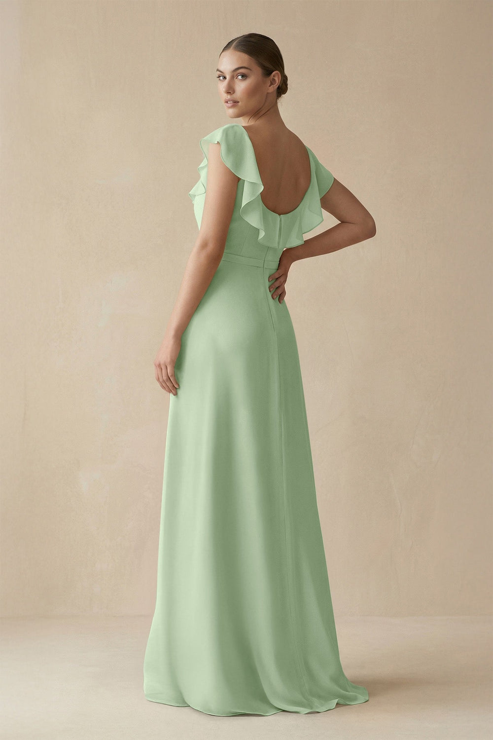 Square Neck A - Line Bridesmaid Dress with Ruffles in Sage - SHE IS ME Bridesmaid Dresses