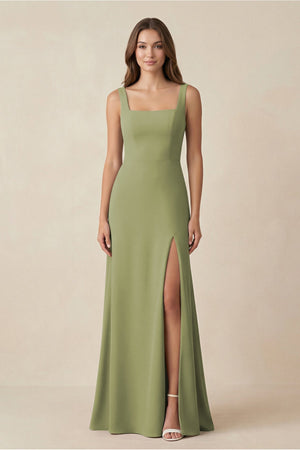 Square Neck A-Line Bridesmaid Dress With Slit in Moss Green - SHE IS ME BRIDESMAID DRESSES