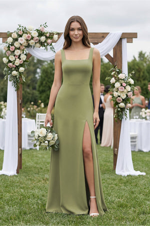 Square Neck A-Line Bridesmaid Dress With Slit in Moss Green - SHE IS ME BRIDESMAID DRESSES