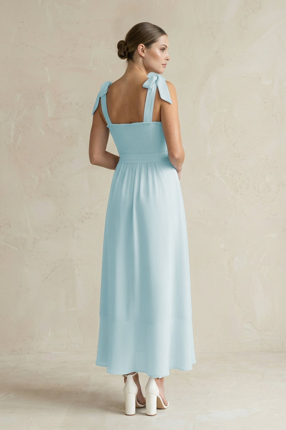 Square Neck A - Line Chiffon Midi Bridesmaid Dress with Bow in Sky Blue - SHE IS ME Bridesmaid Dresses