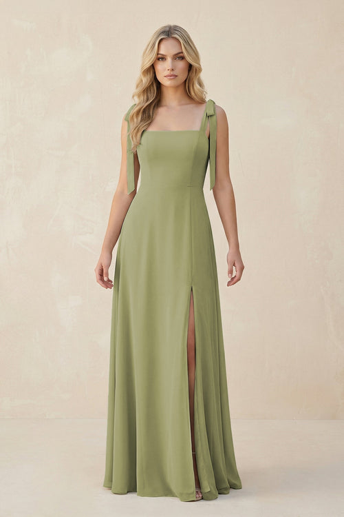 Square Neck Chiffon A - Line Bridesmaid Dress With Bow - SHE IS ME Bridesmaid Dresses