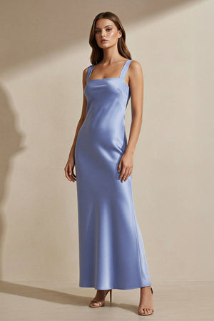 Square Neck Cross Back Satin Maxi Dress in Steel Blue - SHE IS ME