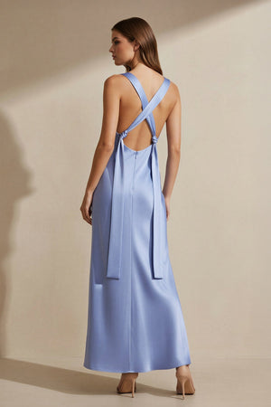 Square Neck Cross Back Satin Maxi Dress in Steel Blue - SHE IS ME