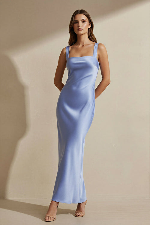 steel blue formal dress Cowl Neck Sheath Chiffon Maxi Bridesmaid Dress With Ribbon in Steel Blue