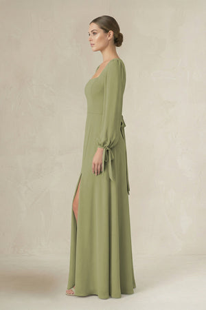 Square Neck Long Sleeve A-Line Chiffon Bridesmaid Dress in Moss Green - SHE IS ME BRIDESMAID DRESSES