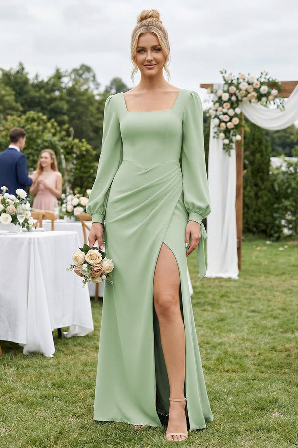 Square Neck Long Sleeve Sheath Chiffon Bridesmaid Dress in Sage - SHE IS ME Bridesmaid Dresses