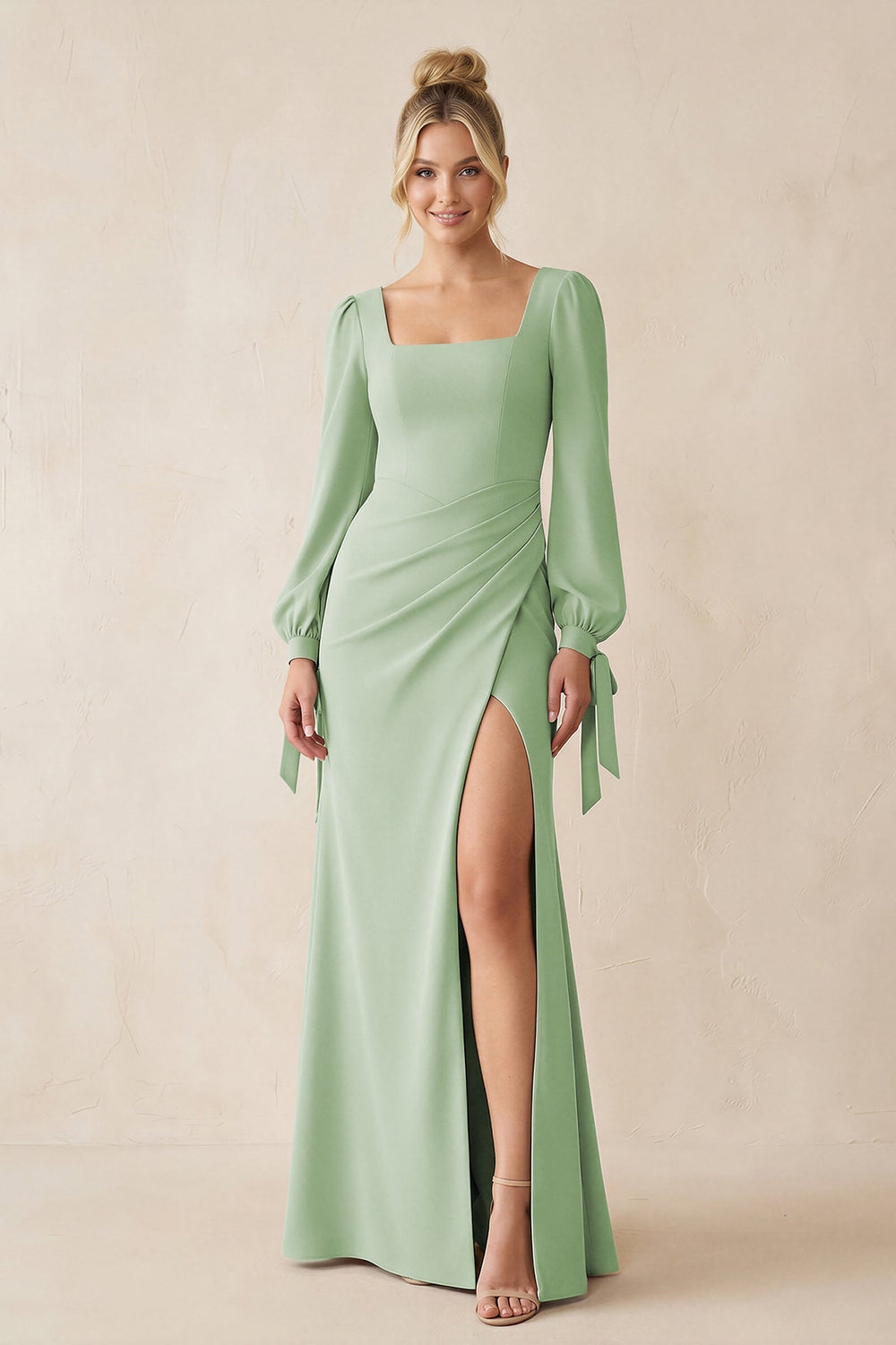 Square Neck Long Sleeve Sheath Chiffon Bridesmaid Dress in Sage - SHE IS ME Bridesmaid Dresses