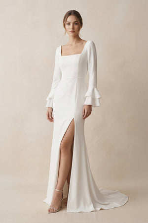 Square Neck Long Sleeve Wedding Dress with Slit in White - SHE IS ME Wedding Dresses